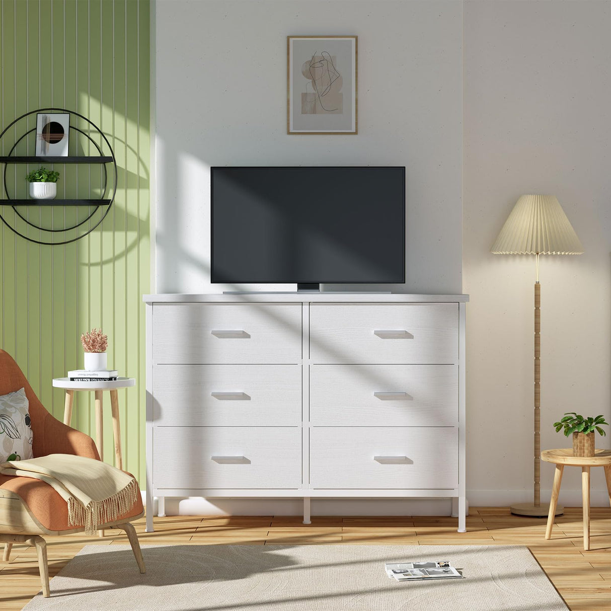 BOLUO White Dresser for Bedroom 6 Drawer,Wide Dresser TV Stand for 50" TV Dressers & Chests of Drawers Fabric Dresser for Closet Modern BOLUO