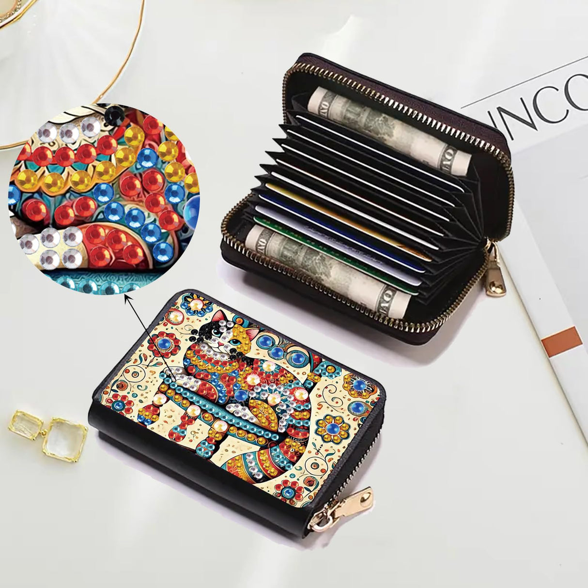 JZHYOAN Diamond Art Credit Card Holder, 4.33x3.14x0.98 Inch DIY Special Pattern Zipper Business Small Wallet Coin Purse Keychain Card Holder Wallet for Woman Adult Man Family-Cat JZHYOAN