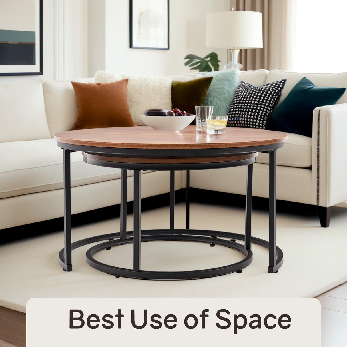 Otterease Nesting Tables Set of 2, 31.5" Round Coffee Table, Small Nesting Coffee Table with Adjustable Non-Slip Fee, Wood Grain Top Nesting Tables for Living Room, Bedroom (Wood Grain Brown) Otterease