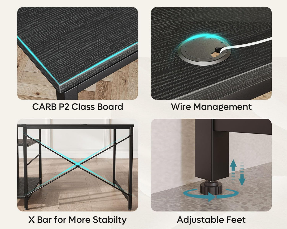 Bestier 95.2” L Shaped Desk, Reversible Corner Computer Desk or 2 Person Long Table with Adjustable Shelves, Large Writing Study Workstation with 3 Cable Holes - Black Bestier
