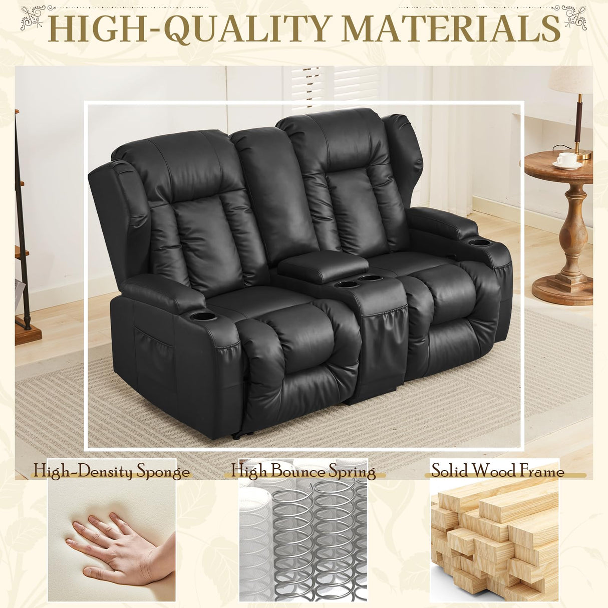 SAMERY 66" RV Loveseat Recliner Sofa, 6" Wall Hugger Reclining Loveseat with Storage Console, Manual Faux Leather Recliner Sofa Couch for Living Room RV Theater Seating with Cup Holder SAMERY