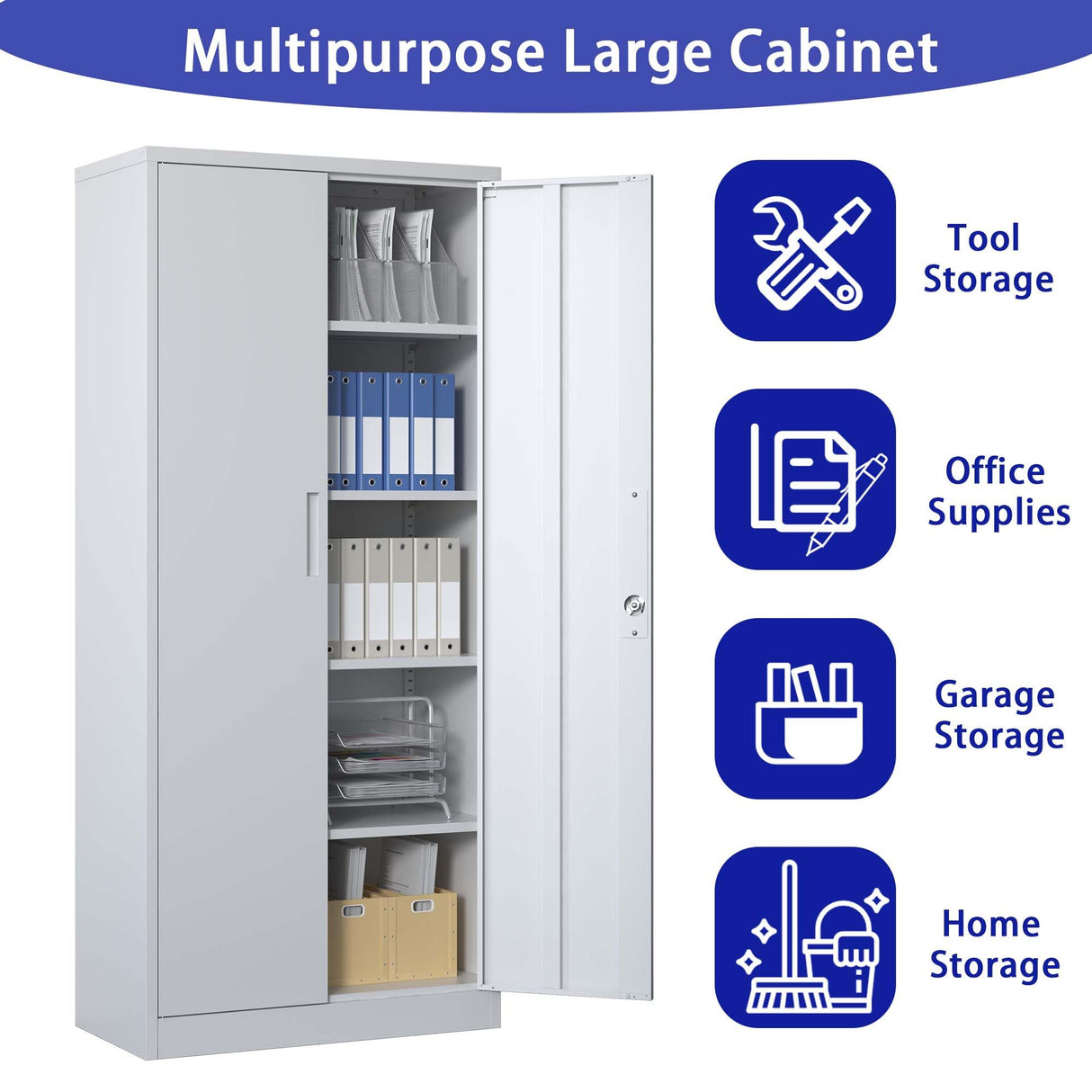 Metal Garage Storage Cabinet,71" h Tall Garage Cabinet with 2 Doors and 5 Adjustable Shelves, Steel Utility Tool Cabinet Black Locking Cabinets, Lockable File Cabinet Garage Storage Locker (White) AnwickNomo