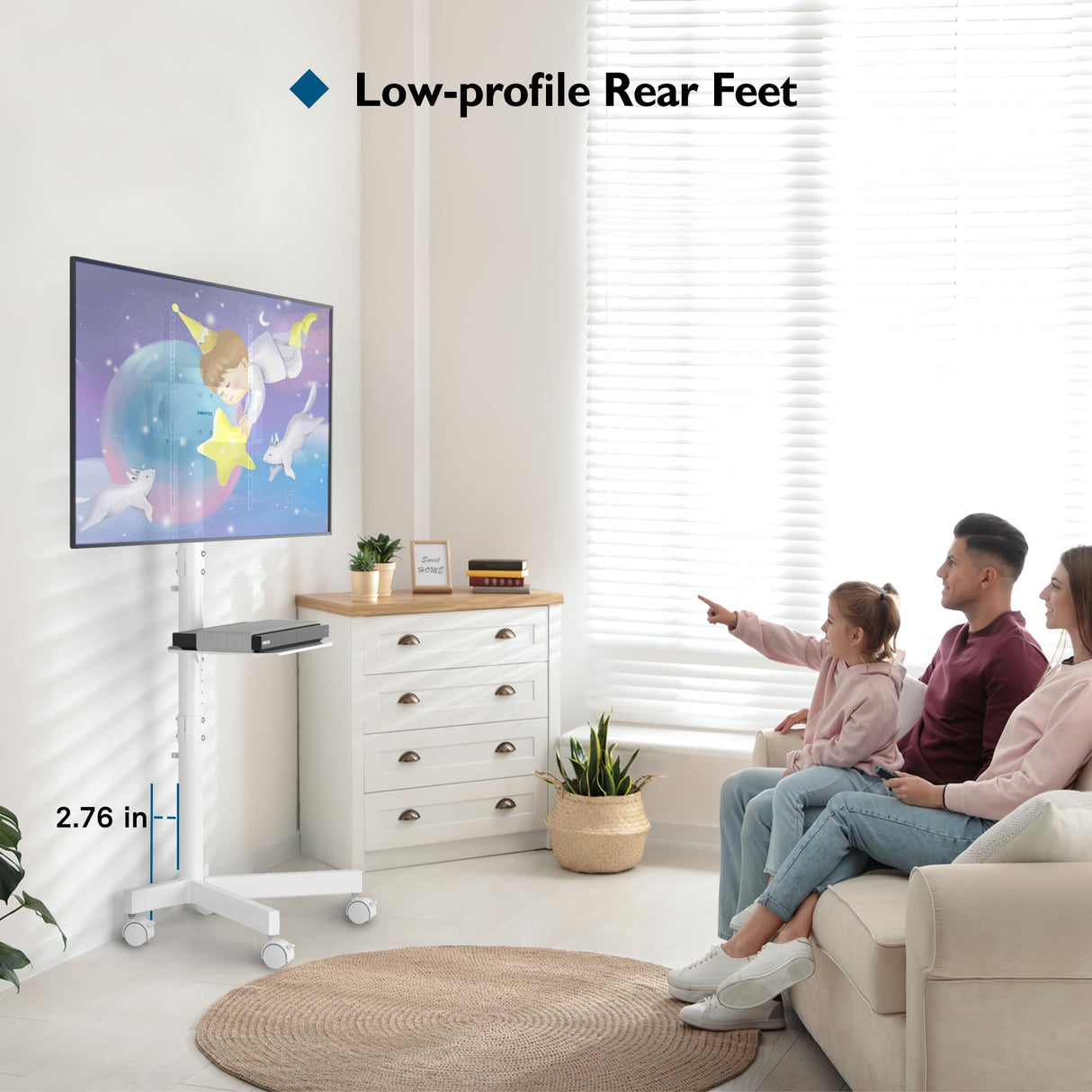 BONTEC Mobile TV Stand, Rolling TV Stand for 23-60 Inch Screens, Adjustable Floor TV Stand with Locking Wheels and Media Shelf, Compatible with VESA 75x75mm to 400x400mm, Holds up to 88 lbs,White BONTEC