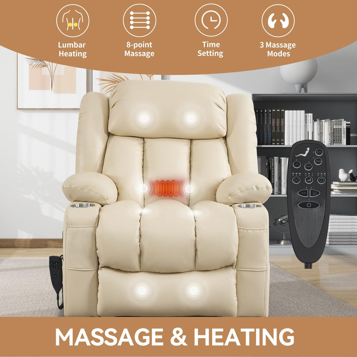 RHHVVR Electric Lift Chair Oversized, Dual Motor Power Lift Recliner Faux Leather Sofa with 8-Point Vibration Massage and Lumbar Heating, Stainless Steel Cup Holders for Elderly, Medium-Firm, Beige RHHVVR