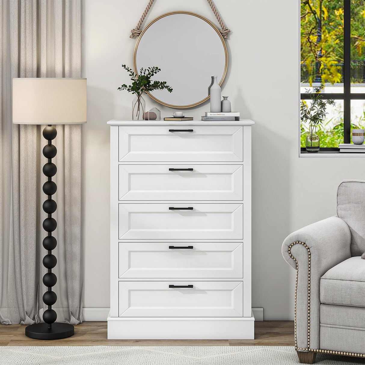 ZLWJGY White Dresser for Bedroom, Wood Dresser with 5 Drawers, Chest of Drawer for Bedroom Living Room Entryway Hallway, Modern Farmhouse Style Black Handles 47" Tall ZLWJGY