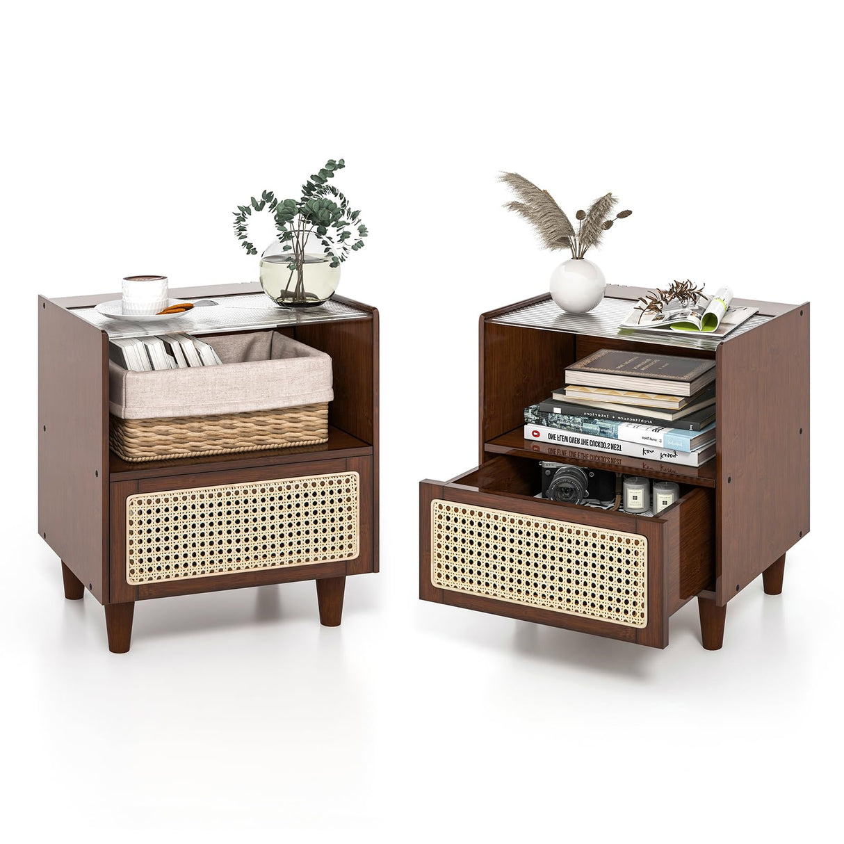 Giantex Rattan Nightstand with Drawer Set of 2, Boho Bamboo Bedside Table with Tempered Glass Top and Solid Wood Legs, 20" End Side Table with Storage, Night Stand for Bedroom, Living Room, Walnut Giantex