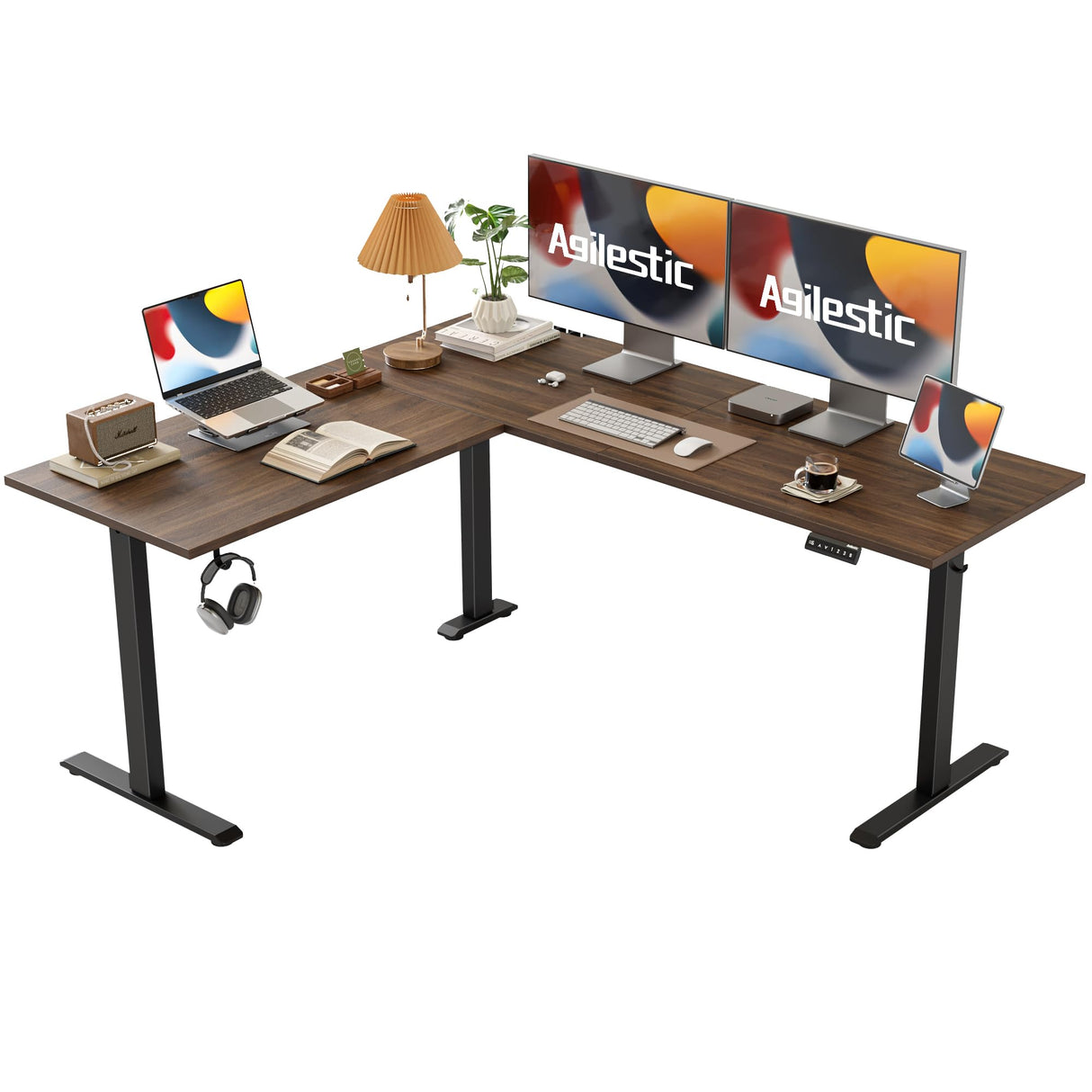 Agilestic L Shaped Standing Desk Adjustable Height, Electric Corner Standing Desk, 63 x 55 inch Sit Stand Computer Table with Splice Board, Dark Wlalnut Agilestic