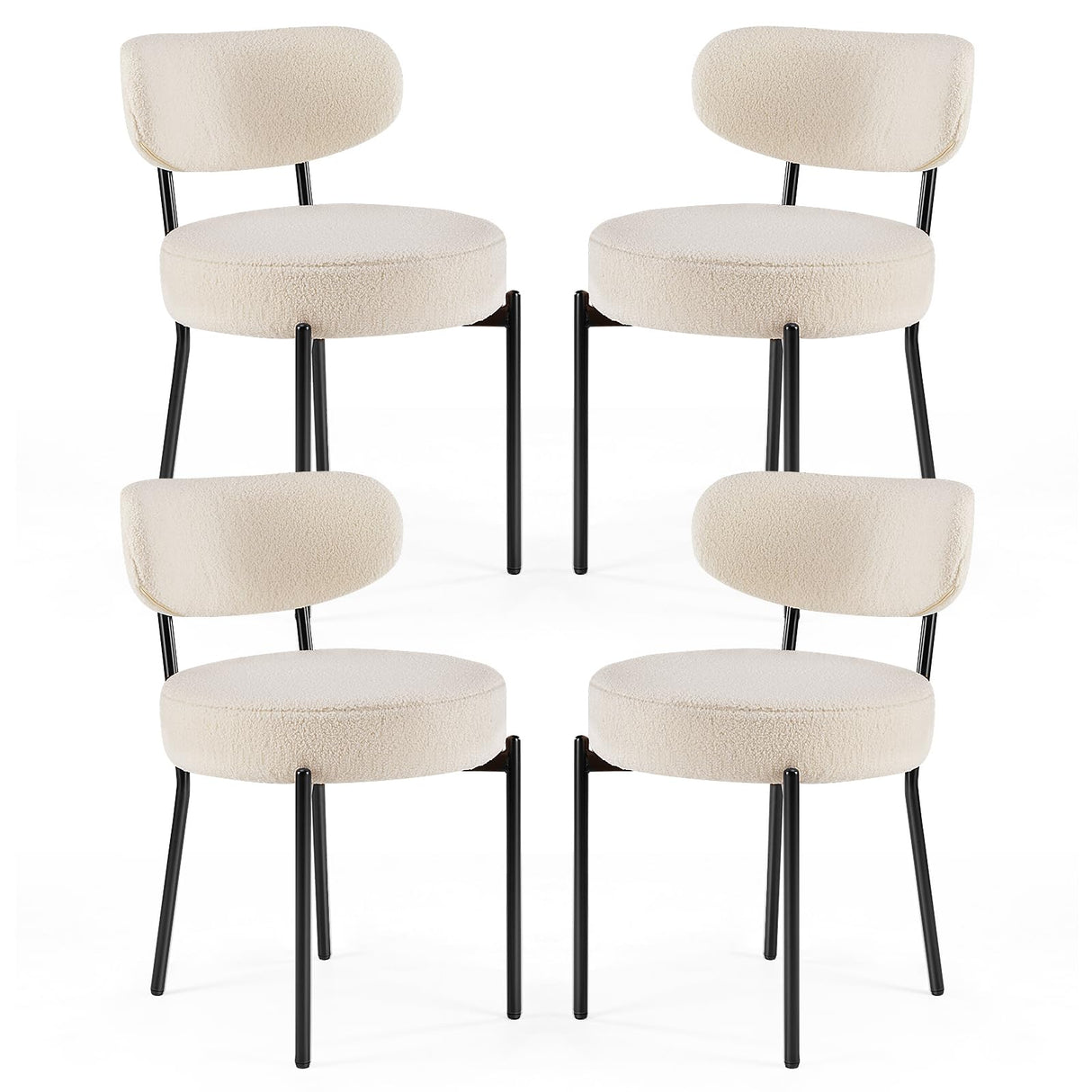 Sweetcrispy Dining Chairs Set of 4, Boucle Upholstered Modern Mid Century Round Kitchen Chairs with Curved Backrest & Metal Legs for Vanity, Living Room - Beige Sweetcrispy