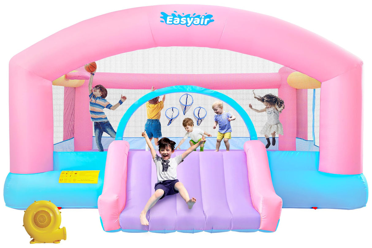 Easyair Large Bounce House Holds 6 Kids, 14.8 x 14.5 FT Inflatable Bouncer Jumper Slide with 650W Blower, Basketball Hoop, Throw Ball Game, Ball Pits (Pink, 177" L x 174" W x 94" H) EASYAIR