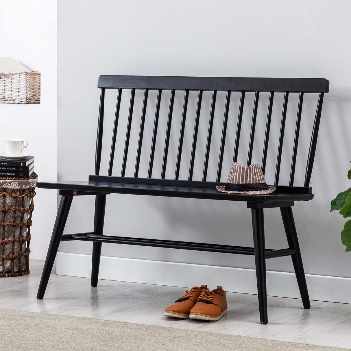 DUHOME Entryway Bench, Black Dining Bench with Spindle Back Farmhouse Bench Wood Bench Windsor Bench for Foyer Balcony Living Room, Black (Black, Bench) DUHOME