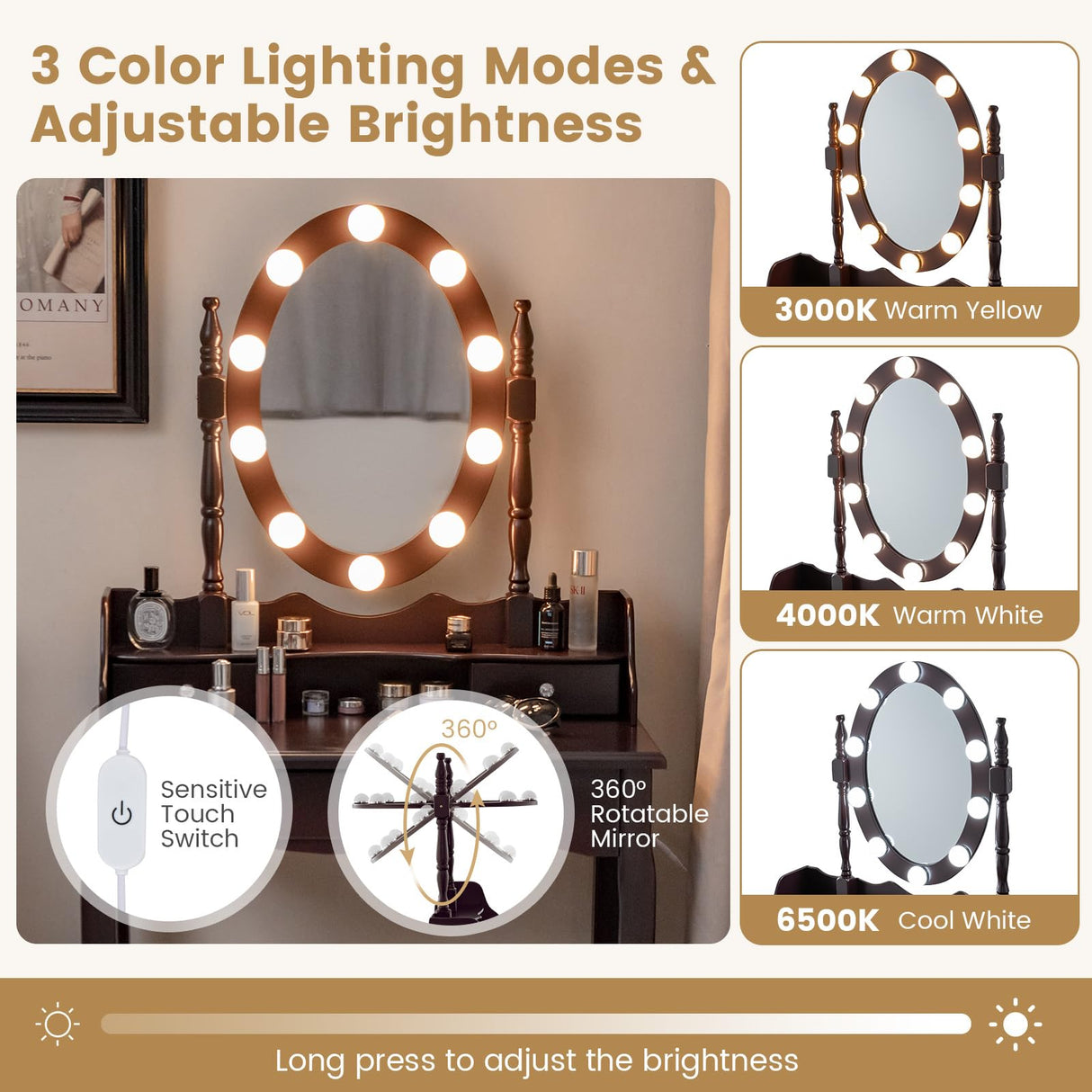 CHARMAID Girls Makeup Vanity Desk with Lights, Vanity Table with Lighted Mirror, 3 Lighting Modes, Adjustable Brightness, Modern Makeup Table with 3 Drawers and Stool for Small Space (Espresso) CHARMAID