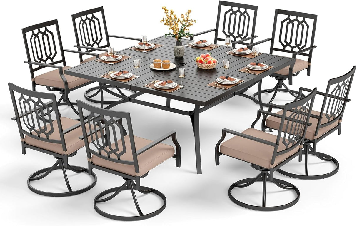 PHI VILLA 9 Piece Outdoor Dining Set for 8, Square Metal Table (60") with Umbrella Hole and Swivel Chairs with Cushions– Perfect for Patio, Garden, Deck, Porch, and Backyard PHI VILLA