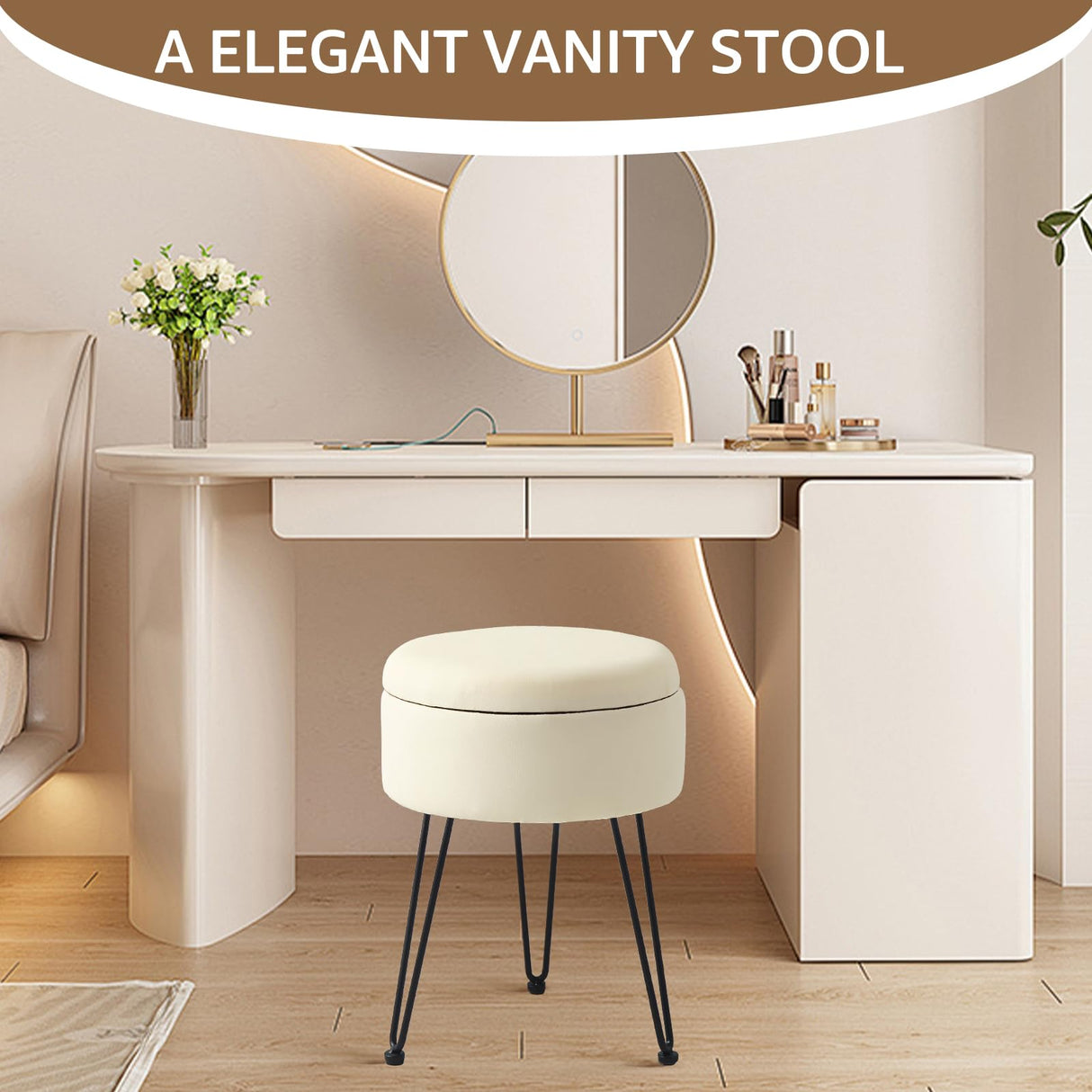 Wimarsbon Round Storage Ottoman Foot Stool Modern Faux Leather Vanity Stool with Solid Wood Frame&Metal Legs,Compact Footstool Dressing Stool Footrest for Living Room Bedroom or Entryway (White) Wimarsbon