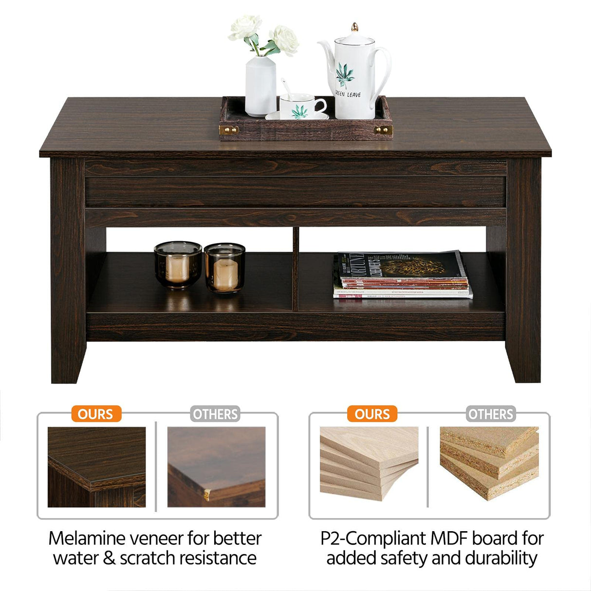 Yaheetech Lift Top Coffee Table with Hidden Storage Compartment & Seperated Lower Shelf, Lift Up Coffee Table, Rising Tabletop Dining Table for Living Room, 41in L, Espresso Yaheetech