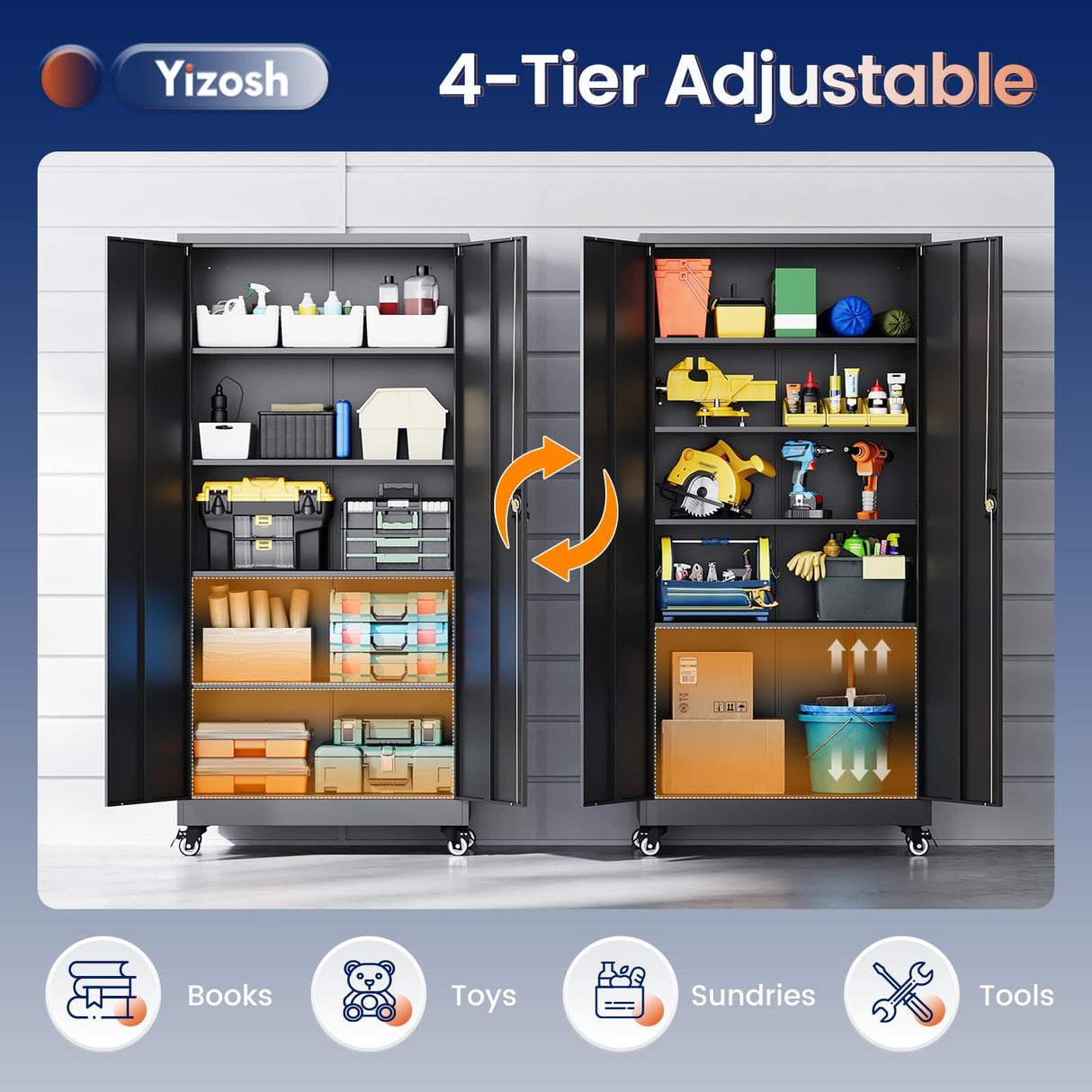 Yizosh Metal Garage Storage Cabinet with Locking Doors and Adjustable Shelves,- 75" Rolling Steel Tool Cabinet for Home Office,Garage,Warehouse Yizosh