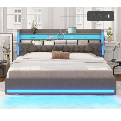 King Size Bed Frame with Marshmallow Headboard and Storage, Metal Bed Frame with LED Lights & Charging Station, Upholstered Platform King Bed with Metal Support, No Noise, No Box Spring Needed,Gray