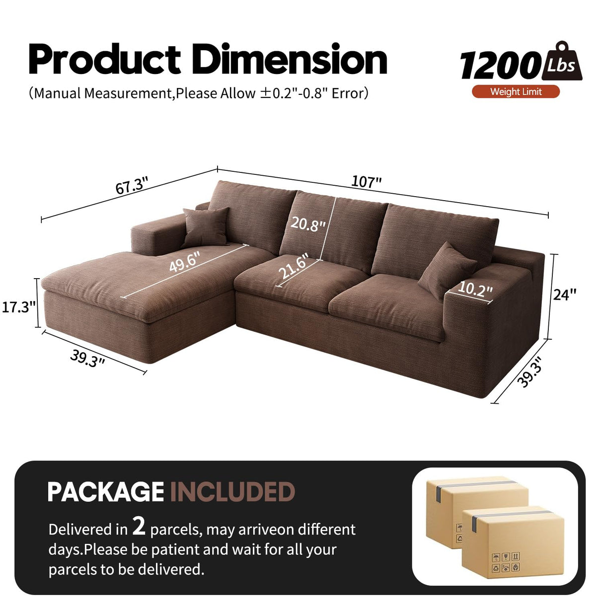 107'' L-Shaped Modern Modular Sectional Cloud Couch, 4-Seat Chenille Deep-Seat Sofa with Pillow for Living Room, Bedroom, Apartment, Camel YUODL
