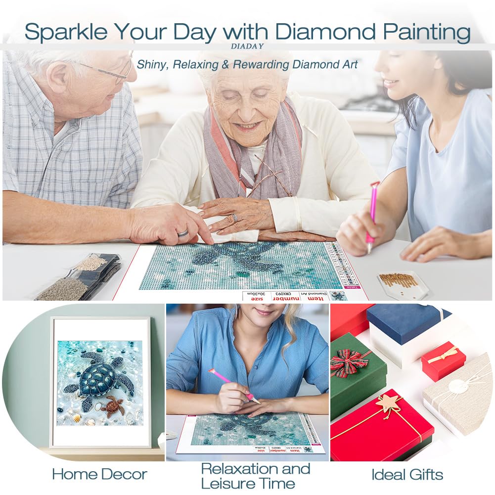 DIADAY Sea Turtles Diamond Painting Kit, Diamond Art Kits for Adults, 5D Full Round Drill Turtles Diamond Art Painting, DIY Gem Craft Arts Home Wall Decor Gift 12 x 12 Inches DIADAY