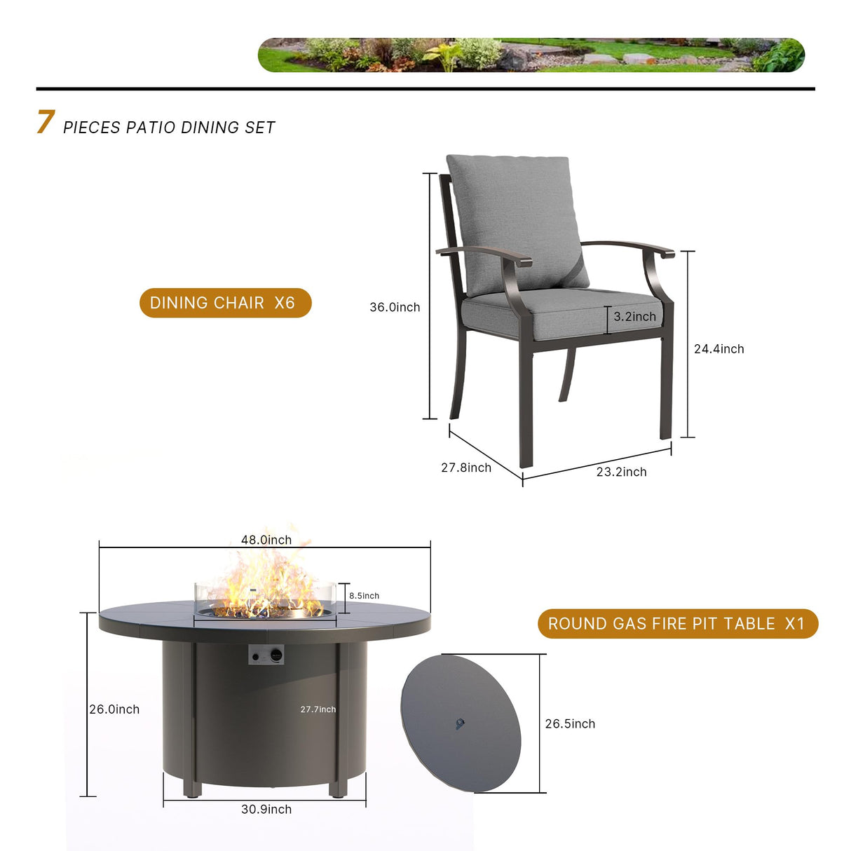 Trumbeak 7 Pcs Outdoor Patio Furniture Set with 48"/55000 BTU Outdoor Round Propane Fire Pit Table,Patio Conversation Sets 6 Fixed Chairs No-Slip Cushions and Waterproof Covers,Grey Trumbeak