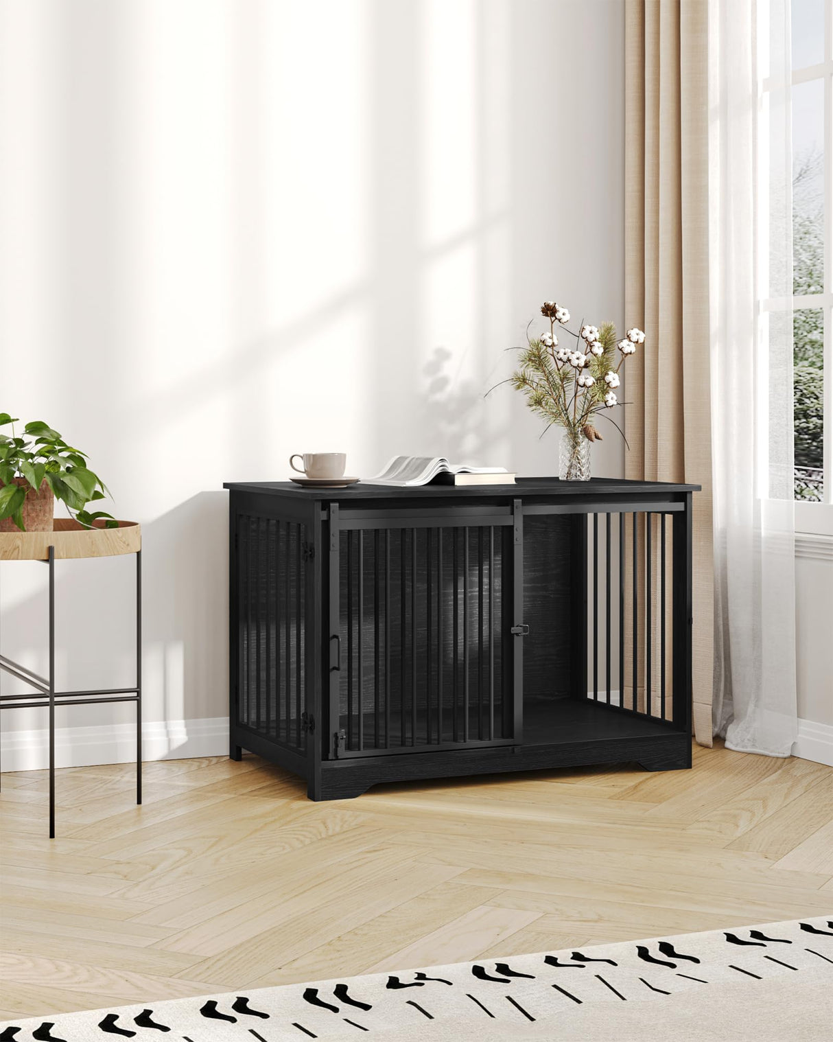 Hzuaneri 39.3" Dog Crate Furniture with Barn Door, Heavy Duty Dog Kennel Indoor with 2 Doors, Wooden Pet Cage End Table for Large Small Medium Dogs, Anti-Chew Anti-Escape, Black DFC02304B Hzuaneri