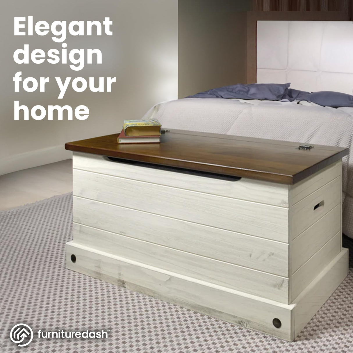 Furniture Dash Wooden Storage Trunk Corona, Wooden Entryway Storage Bench, Ideal for Living Room, Bathroom, Entryway, Office, Kitchen - White Distressed Furniture Dash