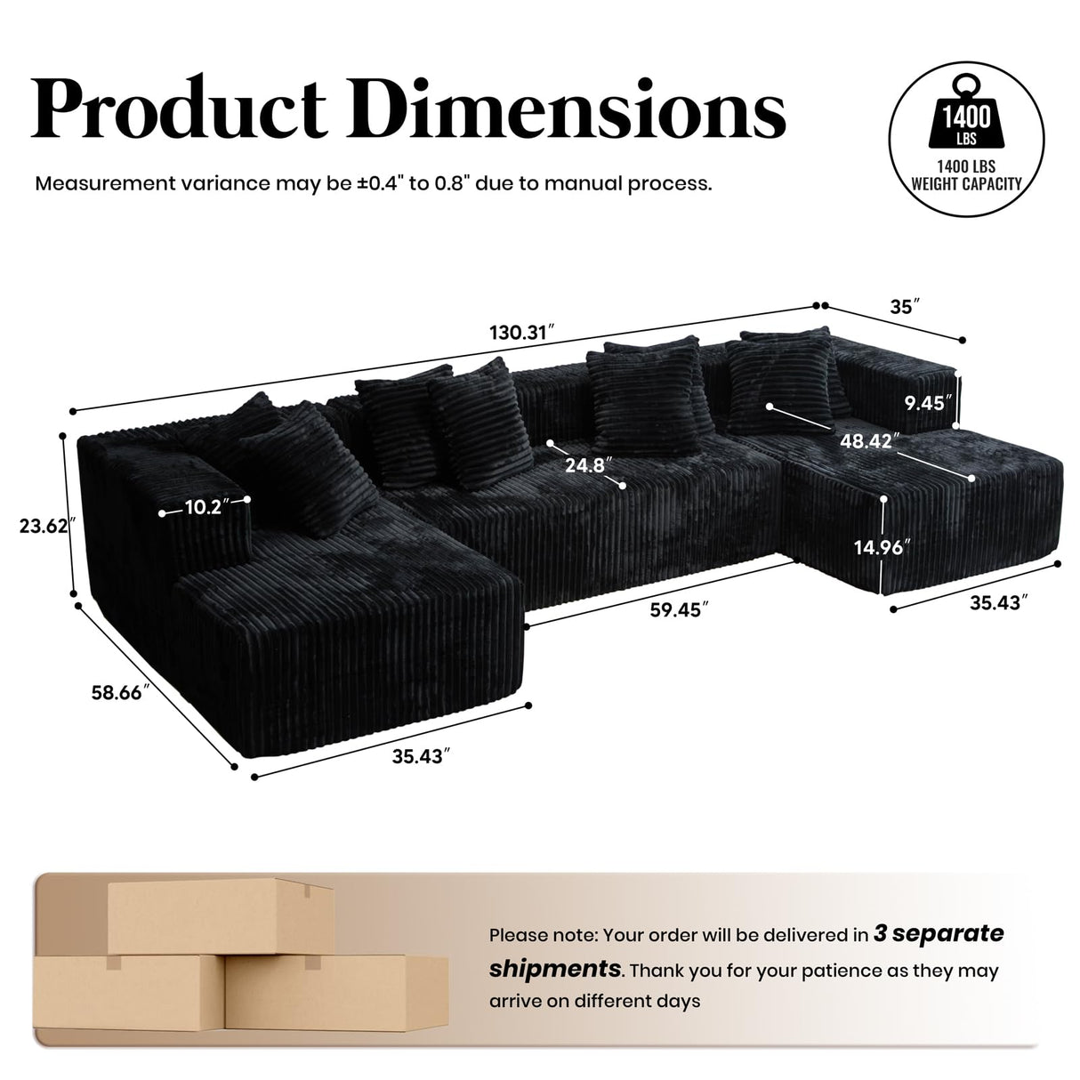 130'' U Shaped Sectional Couches for Living Room, Modular Boneless Cloud Sofa with 2 Chaise Lounges, 4-in-1 Flexible Combination Layered Foam Cushion Deep Seat Corner Couch, No Assembly Black Kelyda