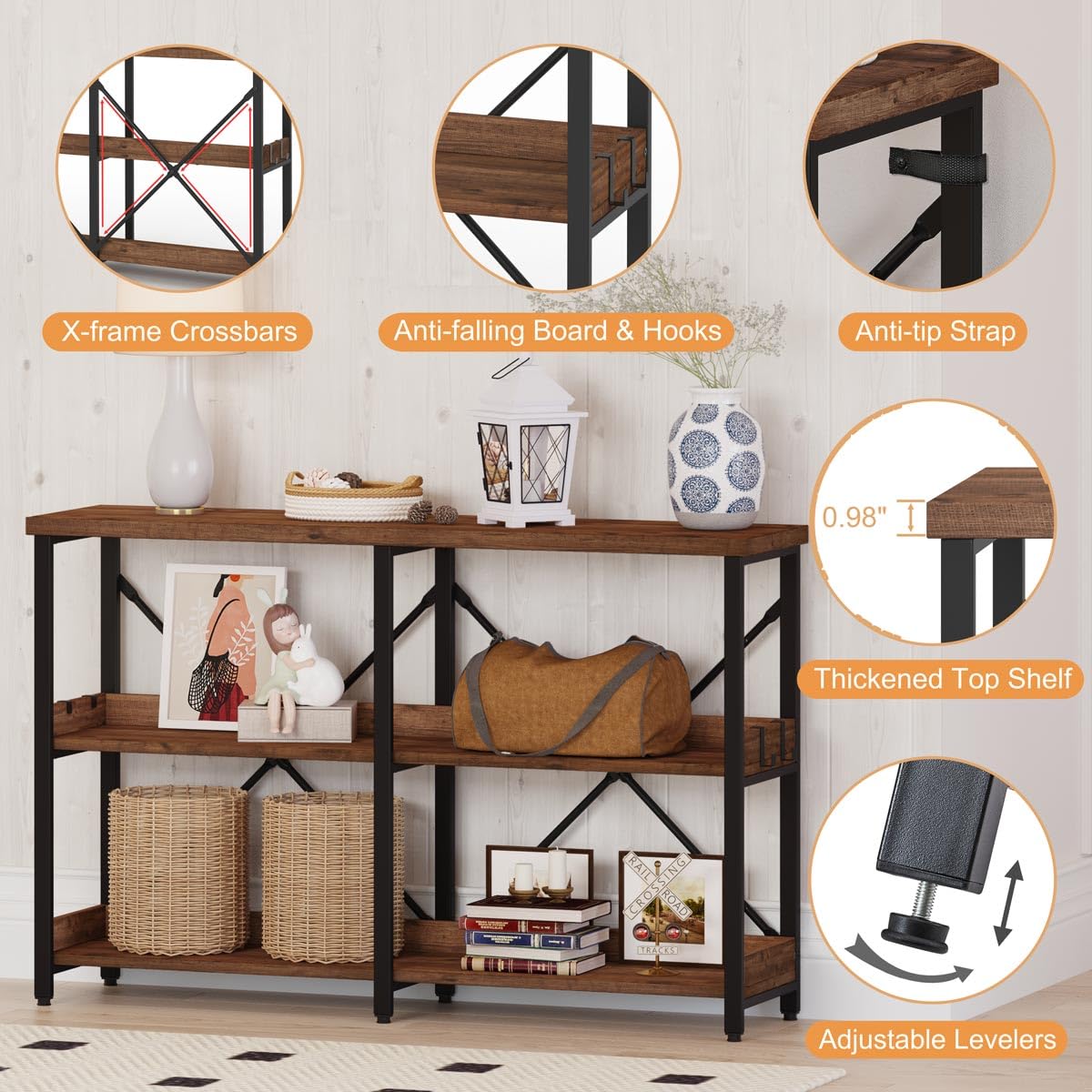 BON AUGURE Rustic Oak 3-Tier Console Table with Shelves - Versatile Entryway and Sofa Table for Living Room BON AUGURE