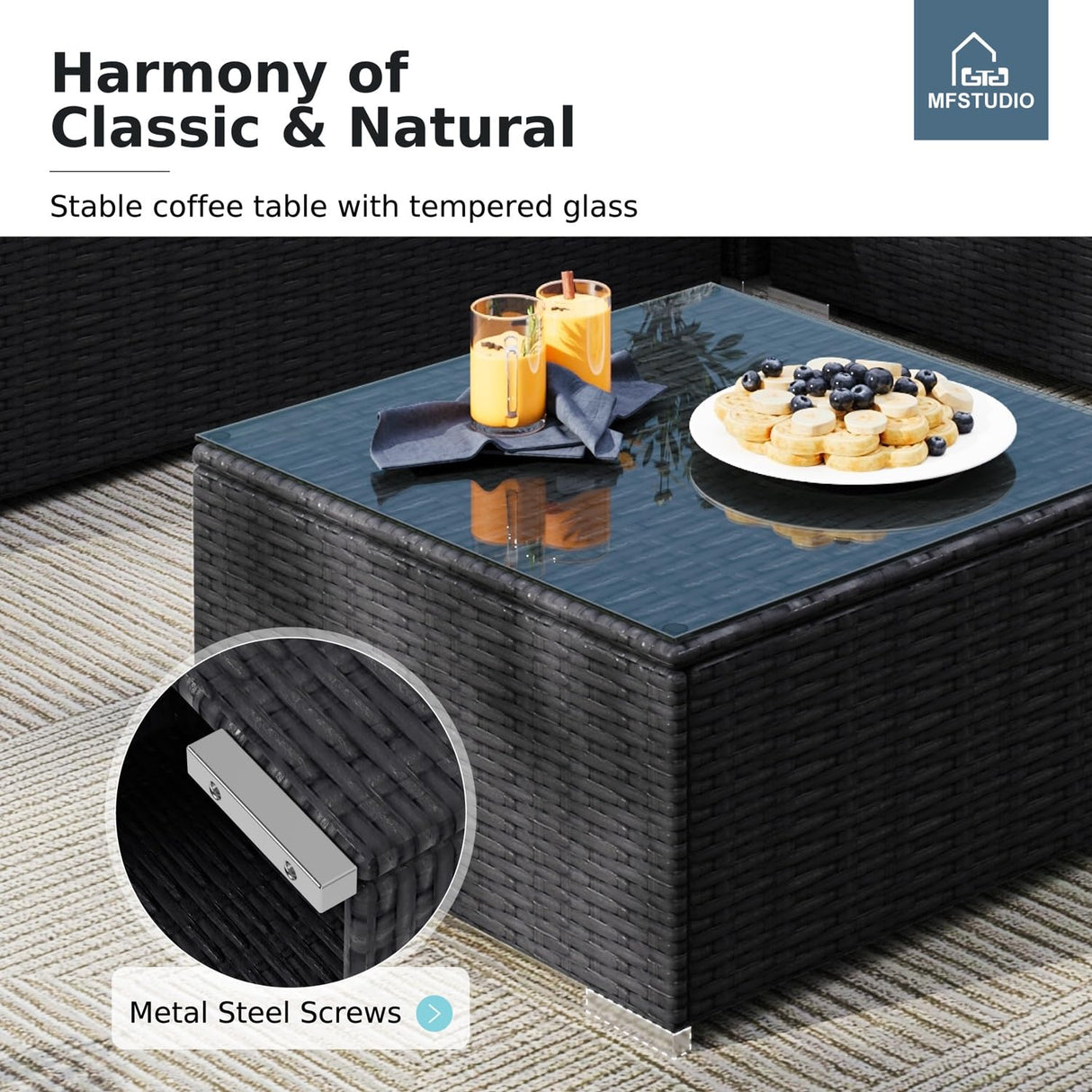 MFSTUDIO 4 Piece Wicker Patio Furniture Set, L Shaped Small Rattan Patio Sectional Sofa Couch Outdoor Conversation Sets with Navy Blue Cushions, Storage Box, Glass Coffee Table for Garden, Backyard MFSTUDIO