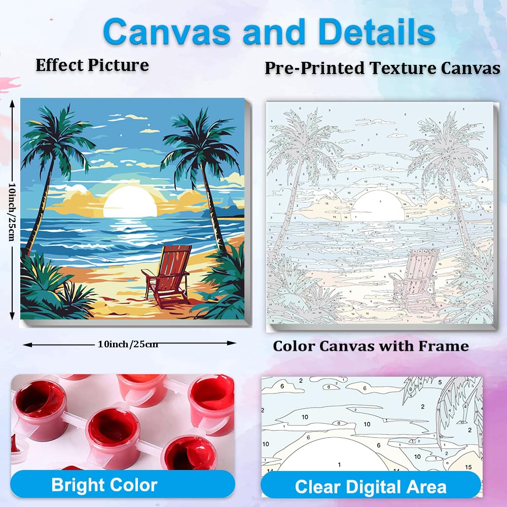 Artunion Framed Paint by Numbers Kit for Adults Beginners & Kids Ages 8-12,Summer Beach Paint by Number with Frame,Sunset Beach Paint by Numbers Kit on Canvas 10 * 10 Inch Without Easel Artunion