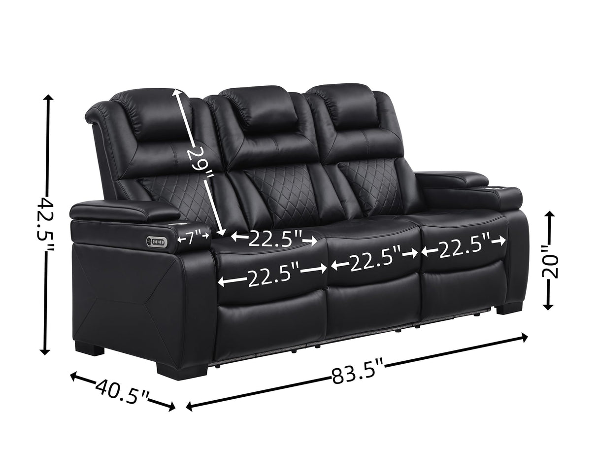 THSUPER Power Breathable Leather Reclining Sofa with LED Light, Home Theater Seating Recliner Couch with Adjustable Headrest/Reading Light/USB Port/Storage Arm/Drop Down Table for Living Room, Black THSUPER