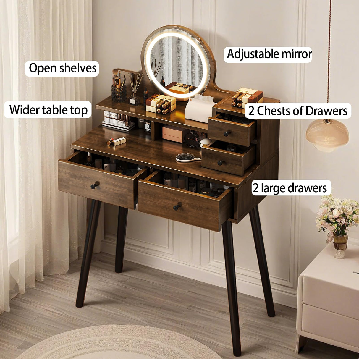 Solid Wood Makeup Vanity Desk with 3 Adjustable Lighted Mirror and Power Outlet, Dressing Table Set with Storage Drawer and 4 Wooden Shelves, Small Vanity for Dressing Room, Powder Room (Brown) QEWYHGRY