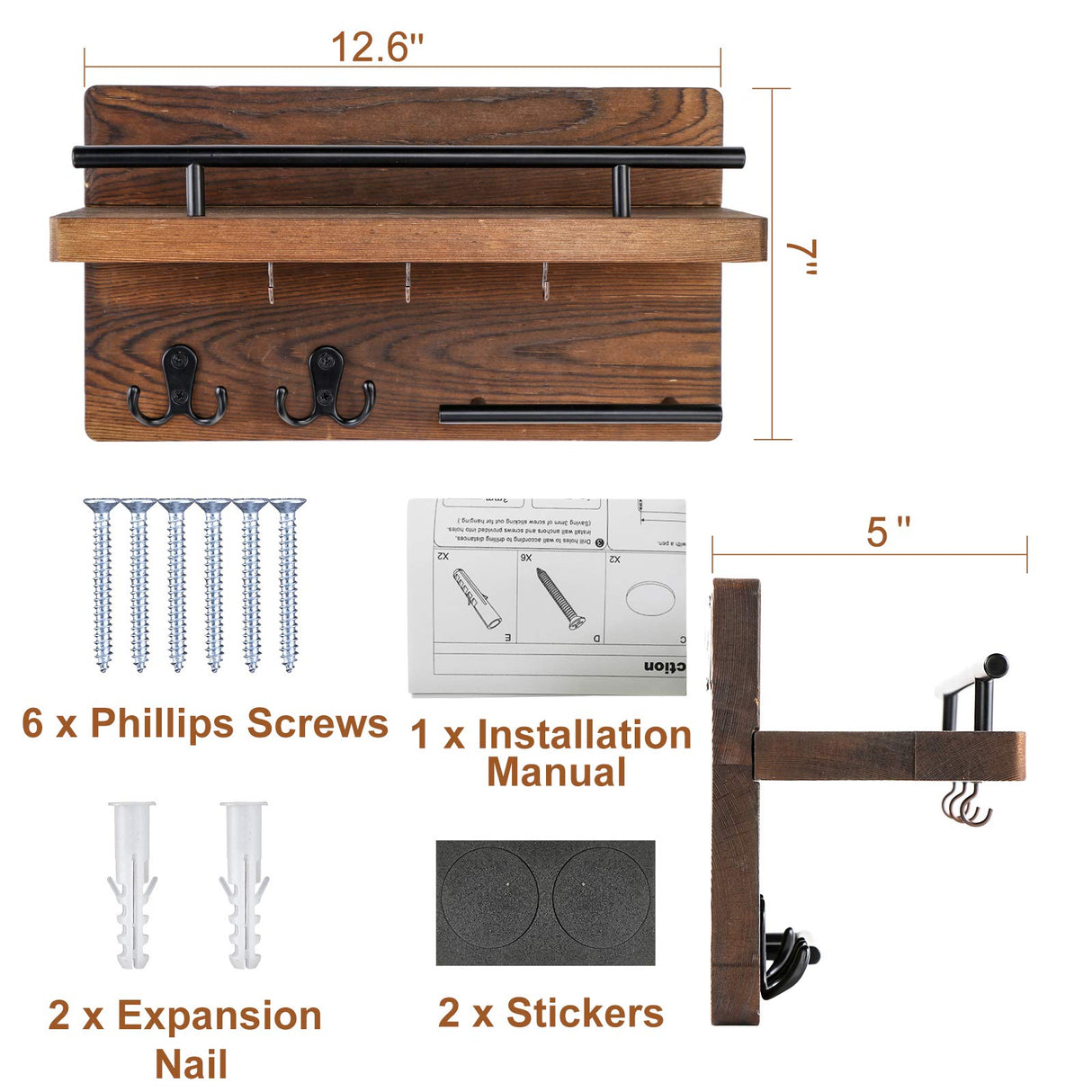 OurWarm Wall Mounted Key Holder / Hangers for Wall Decorative with 5 Key Hooks, Wooden Mail Rack Organizer with Shelf, Rustic Home Decor for Entryway Mudroom Hallway Office, Brown OurWarm