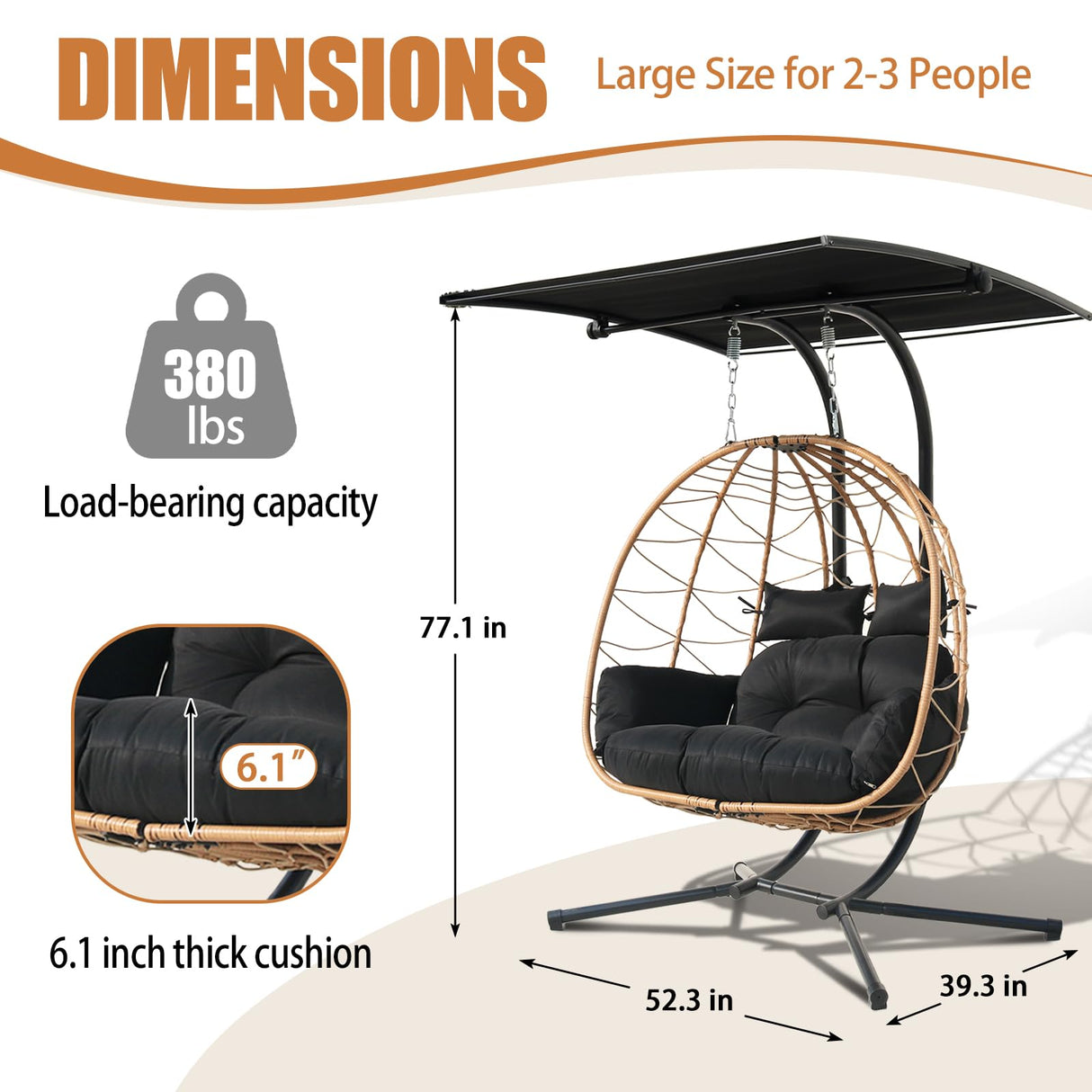 Double Egg Swing Chair with Stand & Adjustable Canopy, Outdoor Indoor Hanging Egg Chair, Handwoven Pe Rattan Loveseat with Uv-Resistant Cushions, 680Lbs Capacity for Patio, Garden, Balcony (Black) Nevsokio