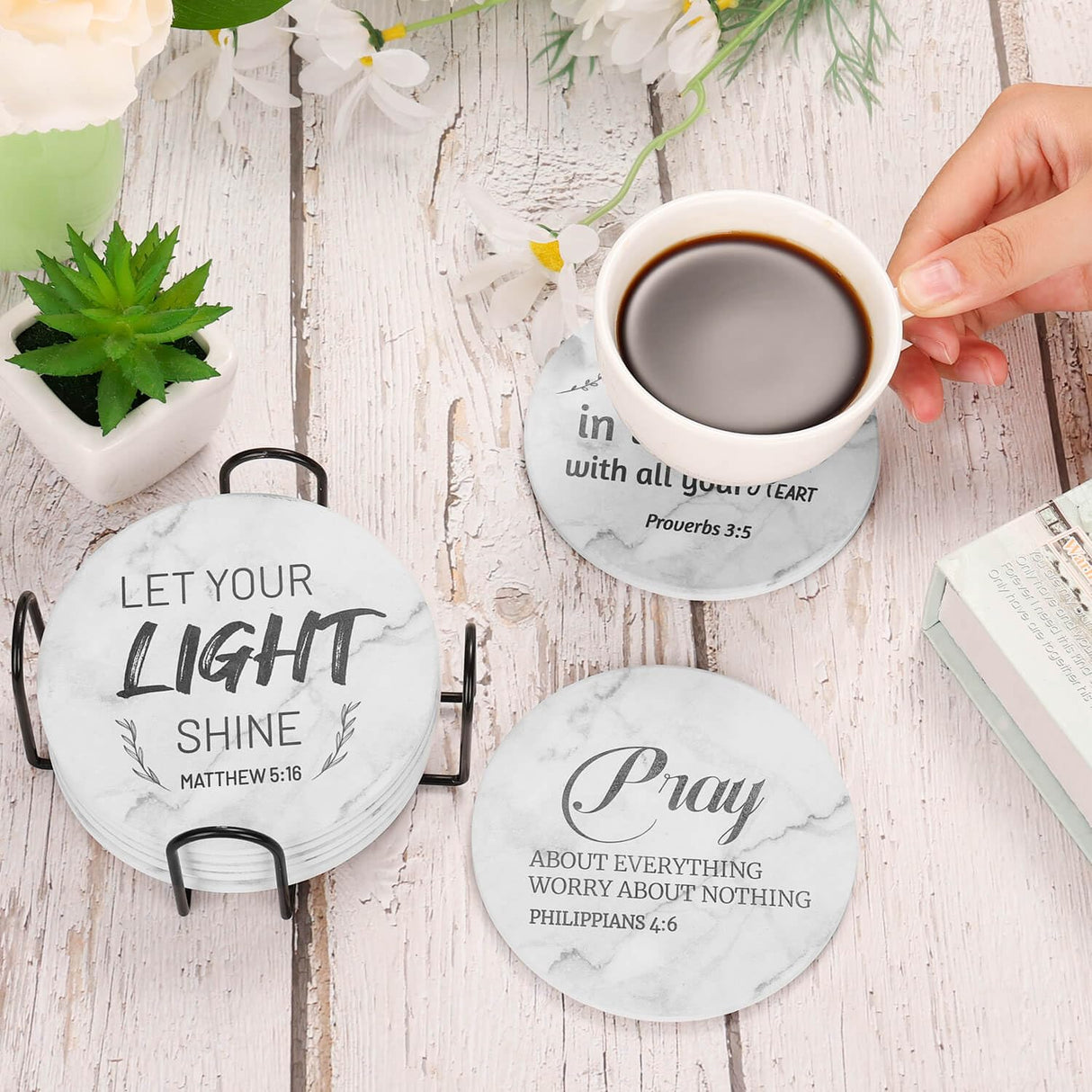 Billbotk Ceramic Coasters with Bible Verses, Coasters Set of 8 with Holder, Absorbent Drink Coasters for Home Decor and Christian Gifts, 4 Inches Billbotk