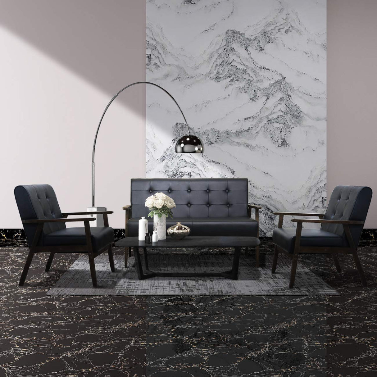 JIASTING Mid Century 1 Loveseat Sofa and 2 Accent Chairs Set Modern Wood Arm Couch and Chair Living Room Furniture Sets (8428 Black Set) JIASTING