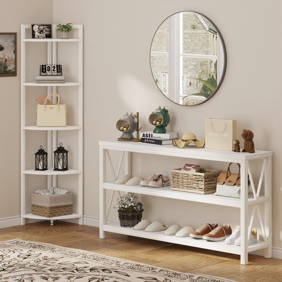 FATORRI Tall Corner Shelf, 5 Tier Modern Corner Bookshelf Stand, Wood and Metal Corner Plant Bookcase for Living Room, Home Office (White Oak) FATORRI