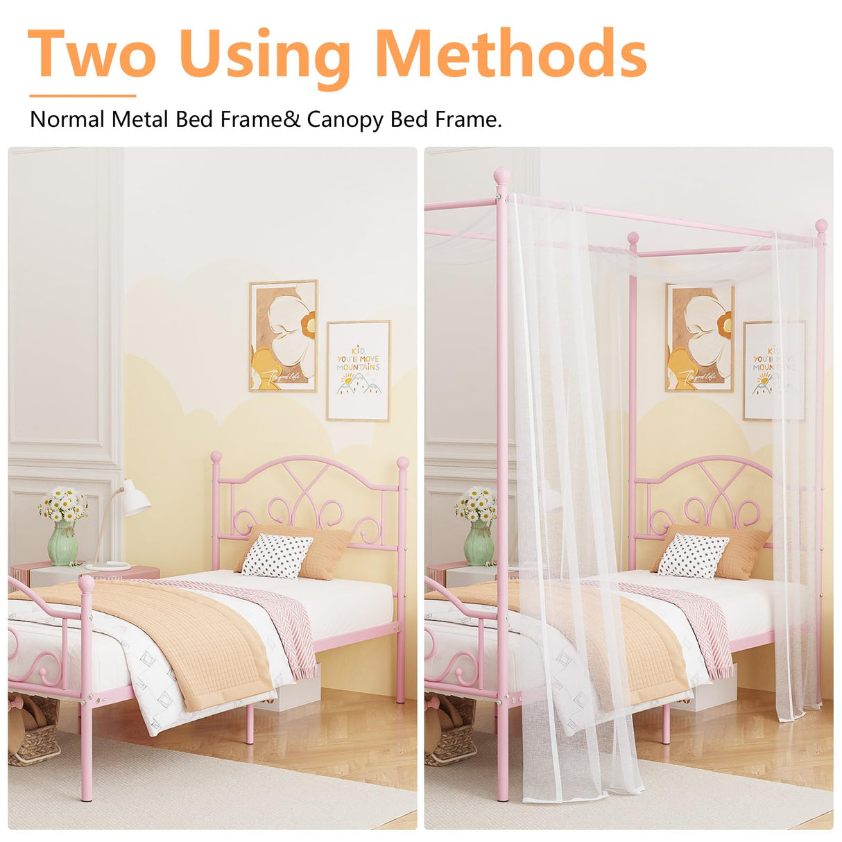 Weehom Princess Canopy Bed Frame with 4 Posters, Sturdy Metal Platform Mattress Foundation with Headboard&Footboard No Box Spring Needed Twin Size Bed for Kids Girls Adults Pink Weehom