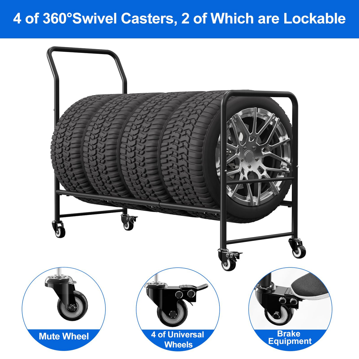 Rolling Tire Rack Adjustable,Metal Tire Storage and Transport Trailer,Heavy Duty Tire Holder,Mobile Tire Storage Shelf Cart with 4 Wheel,Garage/Workshops/Repair Shop Tire Stand Spare Tire Carrier Shinoske