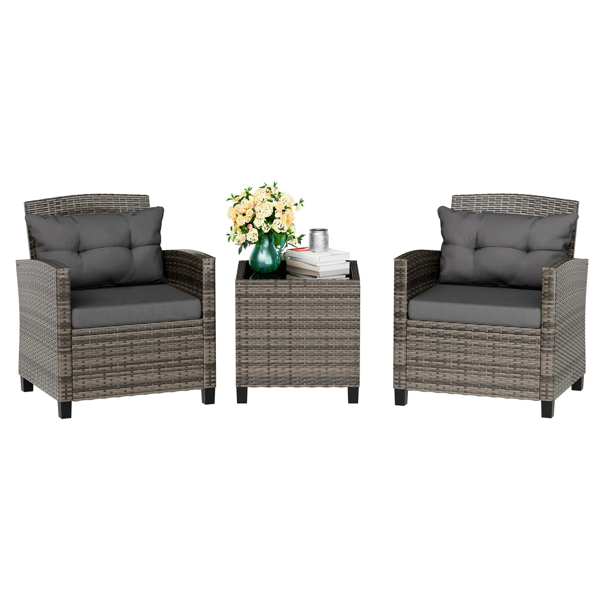 Vongrasig 3 Piece Patio Furniture Set Small Outdoor Wicker Rattan Front Porch Bistro Set Cushioned Patio Chairs Conversation Set with Glass Table for Lawn, Garden, Backyard, Balcony, Poolside (Grey) Vongrasig