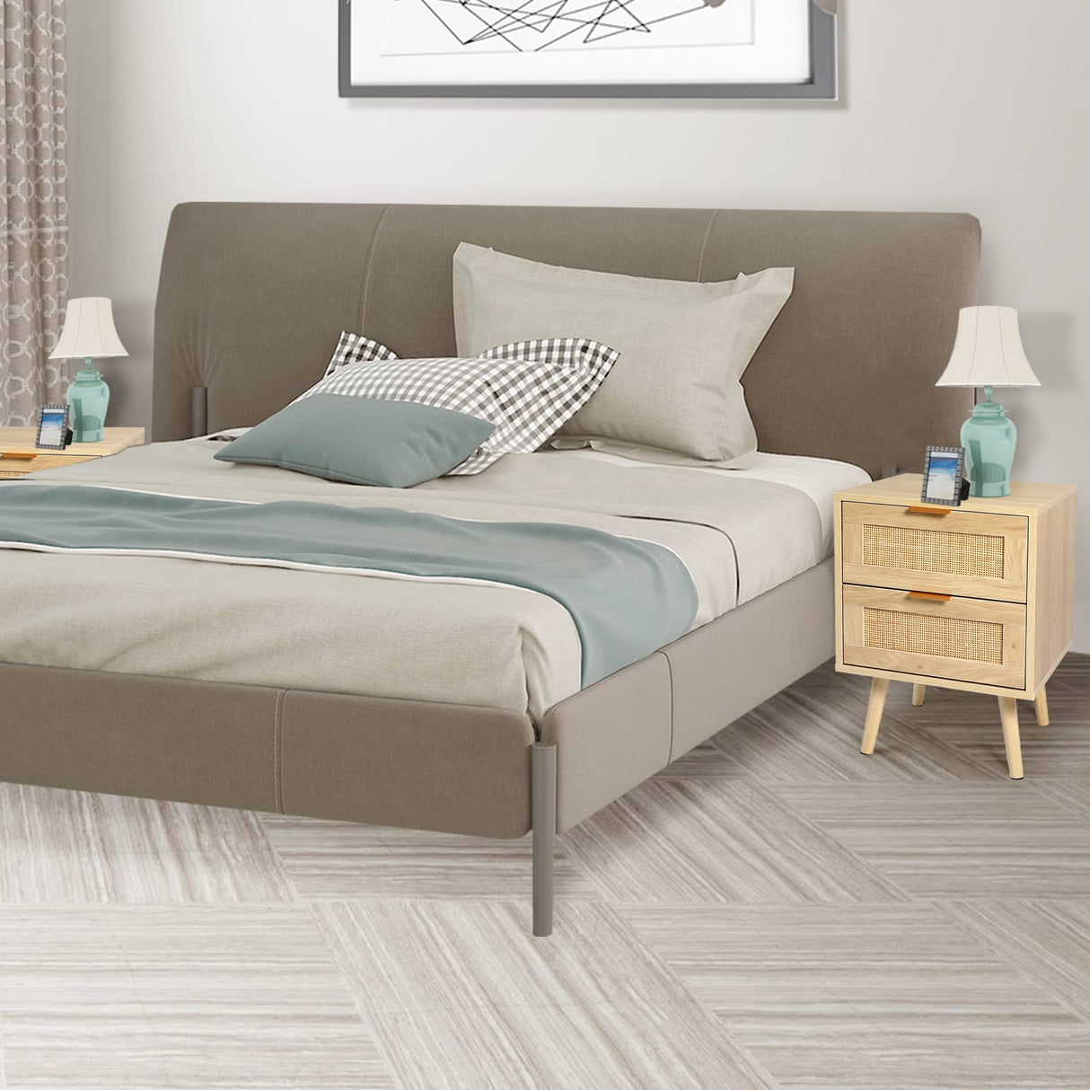 HOPUBUY Nightstands Set of 2 with Rattan Drawer, Modern Night Stand for Bedrooms, Wooden 2 Drawer Bedside Table Side Table for Small Place Living Room and Bedroom (Brown, 2 drawers 2 Pack) HOPUBUY