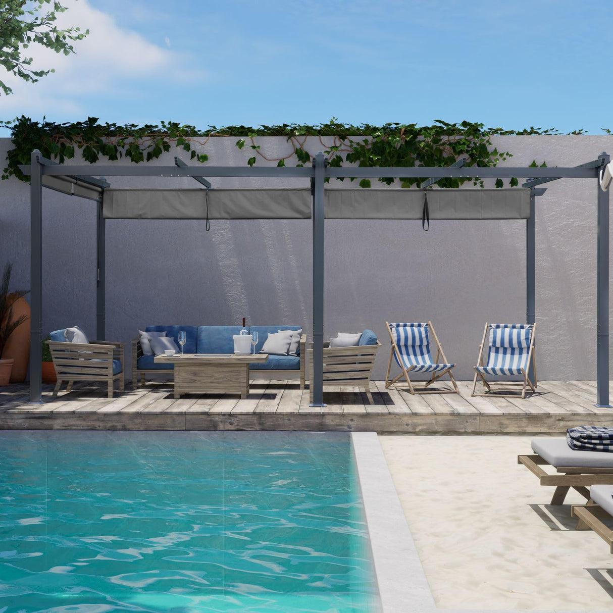 Aoodor 12 x 20 FT Outdoor Pergola with Retractable Shade Canopy, Dark Gray Matte Aluminum Frame, 2 Pieces Roller Shade Curtain, Grape Trellis Pergola for Patio Backyard and Deck - Charcoal Gray Aoodor