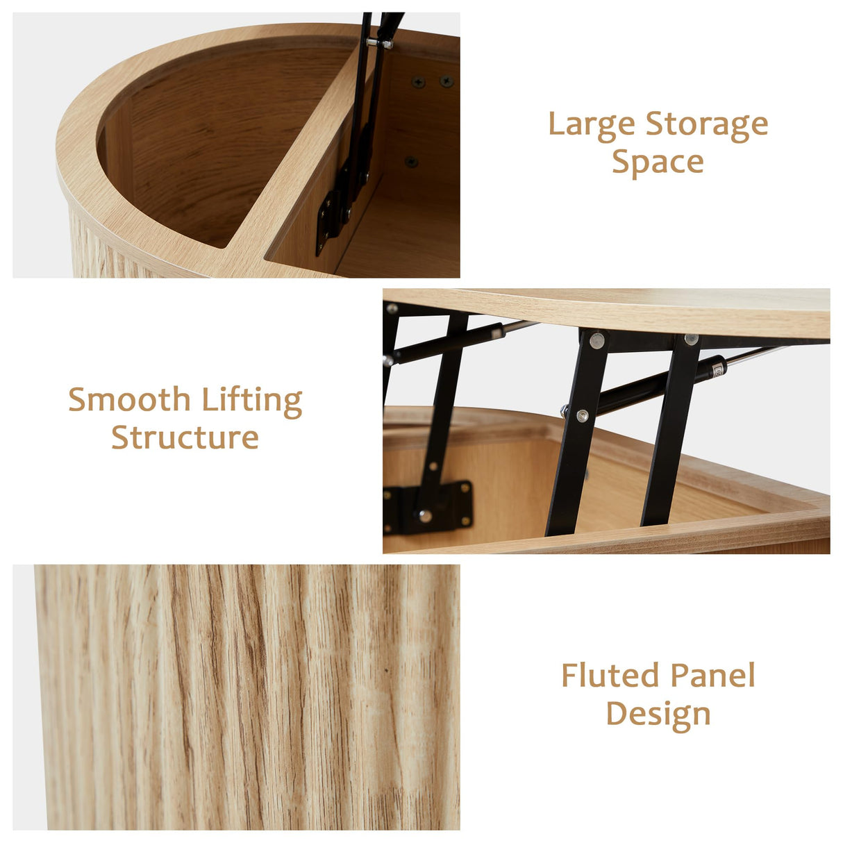 QHITTY Fluted Coffee Table with Lifting Top, Oval Wood Lift Top Coffee Table with Hidden Compartment, Mid Century Pull up Center Tables for Living Room, Office - Natural QHITTY