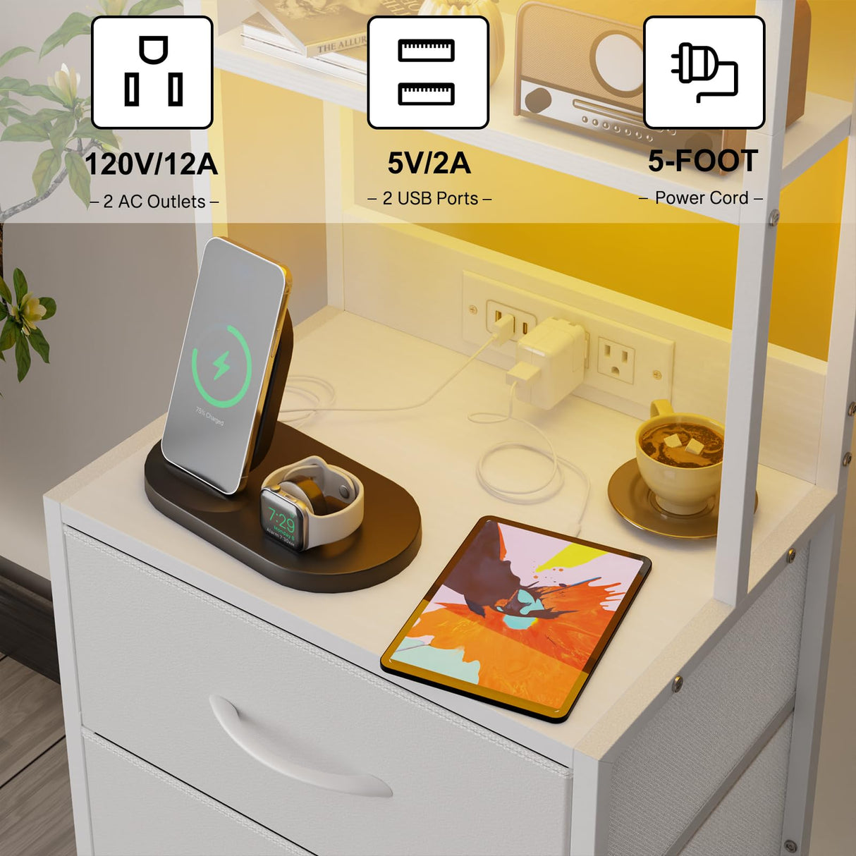 Fixwal 47 Inch Tall Nightstand with Charging Station, Led Night Stand with Socket, 4 PU Finished Fabric Storage Drawers, Office, Bedside Table & Bookshelf in One, White Fixwal