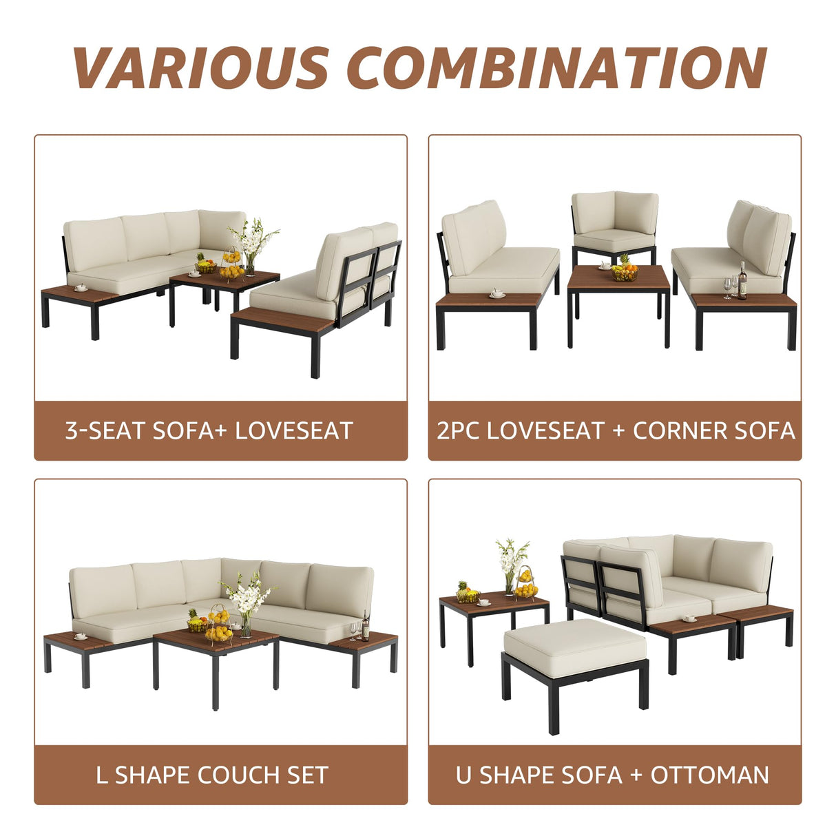 NATURAL EXPRESSIONS Patio Furniture Sets, Metal Outdoor Sectional L Shape Corner Sofa Outdoor Couch with Detachable Backrest,3 Fauxwood Tables,Black Frame,Beige Olefin Cushions for Yard,Garden NATURAL EXPRESSIONS