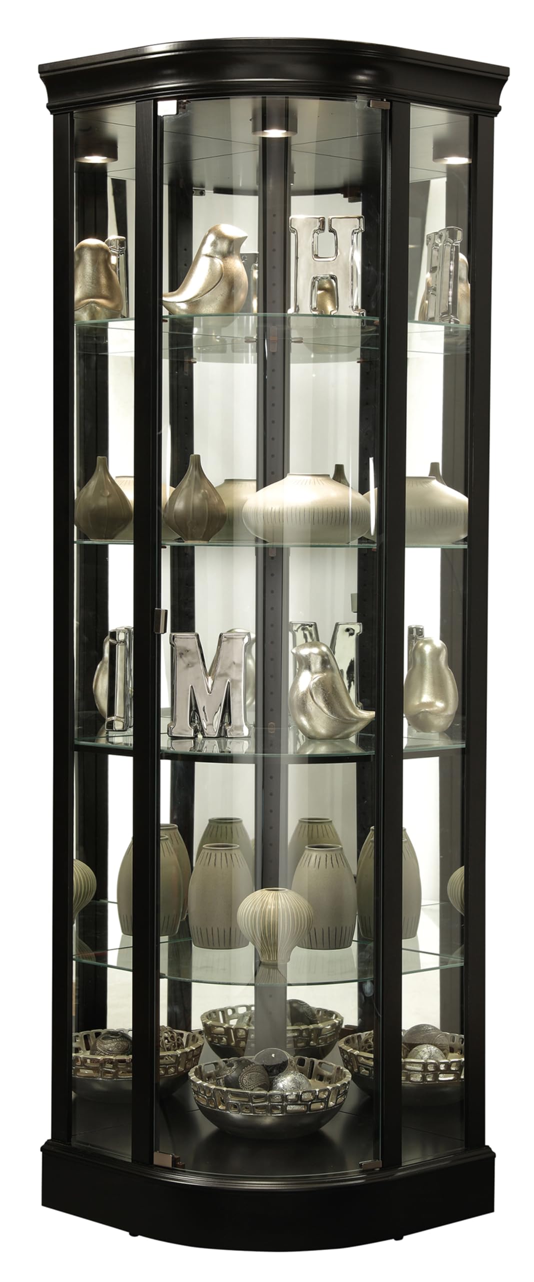 Howard Miller Marlowe II Corner Curio Cabinet, Long Heighted Showcase Black Finish Adjustable Shelves & Levelers, Illuminated Interior Lightning Perfect for Living Room Office and Room Decor Howard Miller