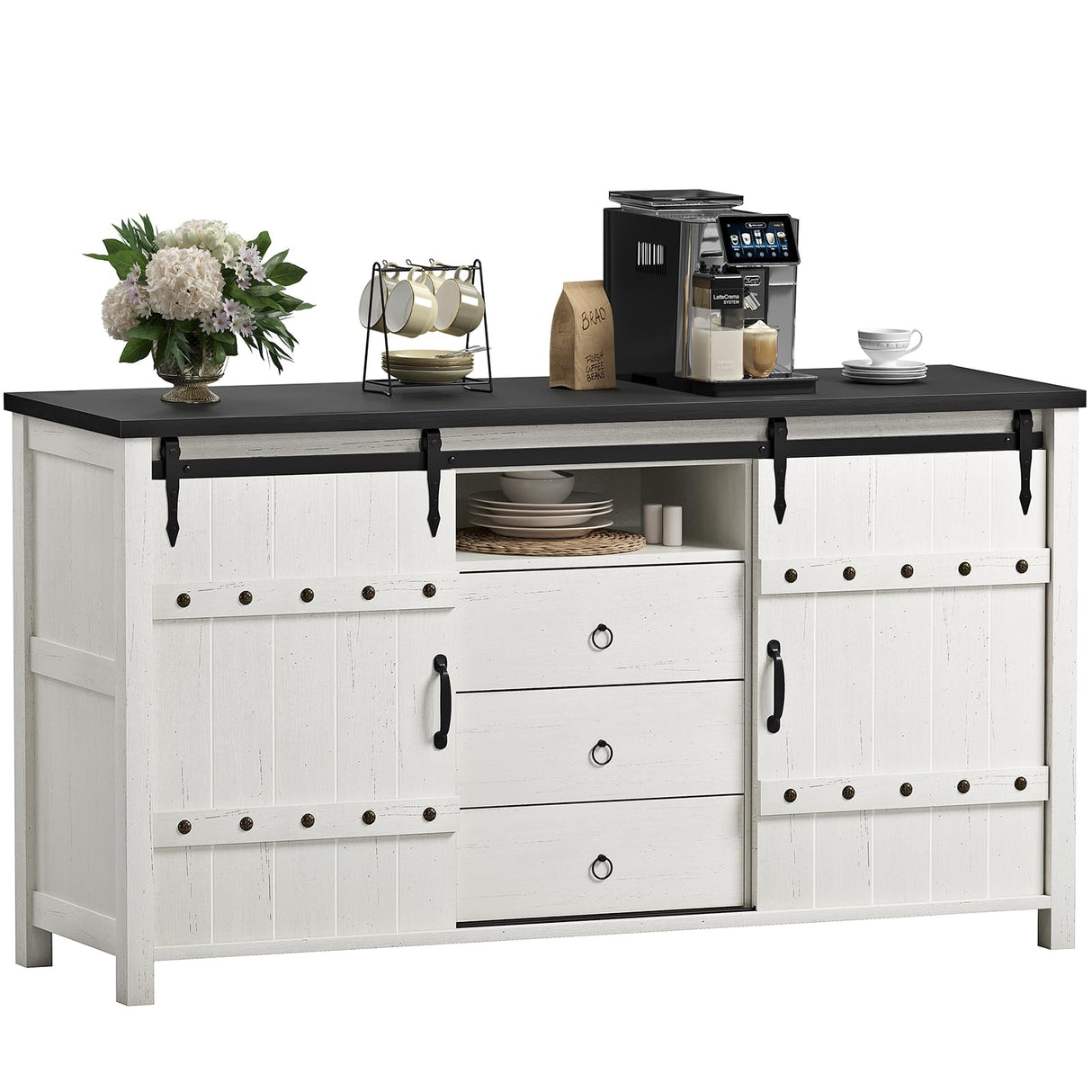 REAHOME Buffet Cabinet with Storage, 60" Sideboard Buffet Cabinet with Sliding Barn Doors & 3 Drawers, Farmhouse Wood Coffee Bar Cabinet Buffet Table for Kitchen, Dining Room,Living Room, White REAHOME
