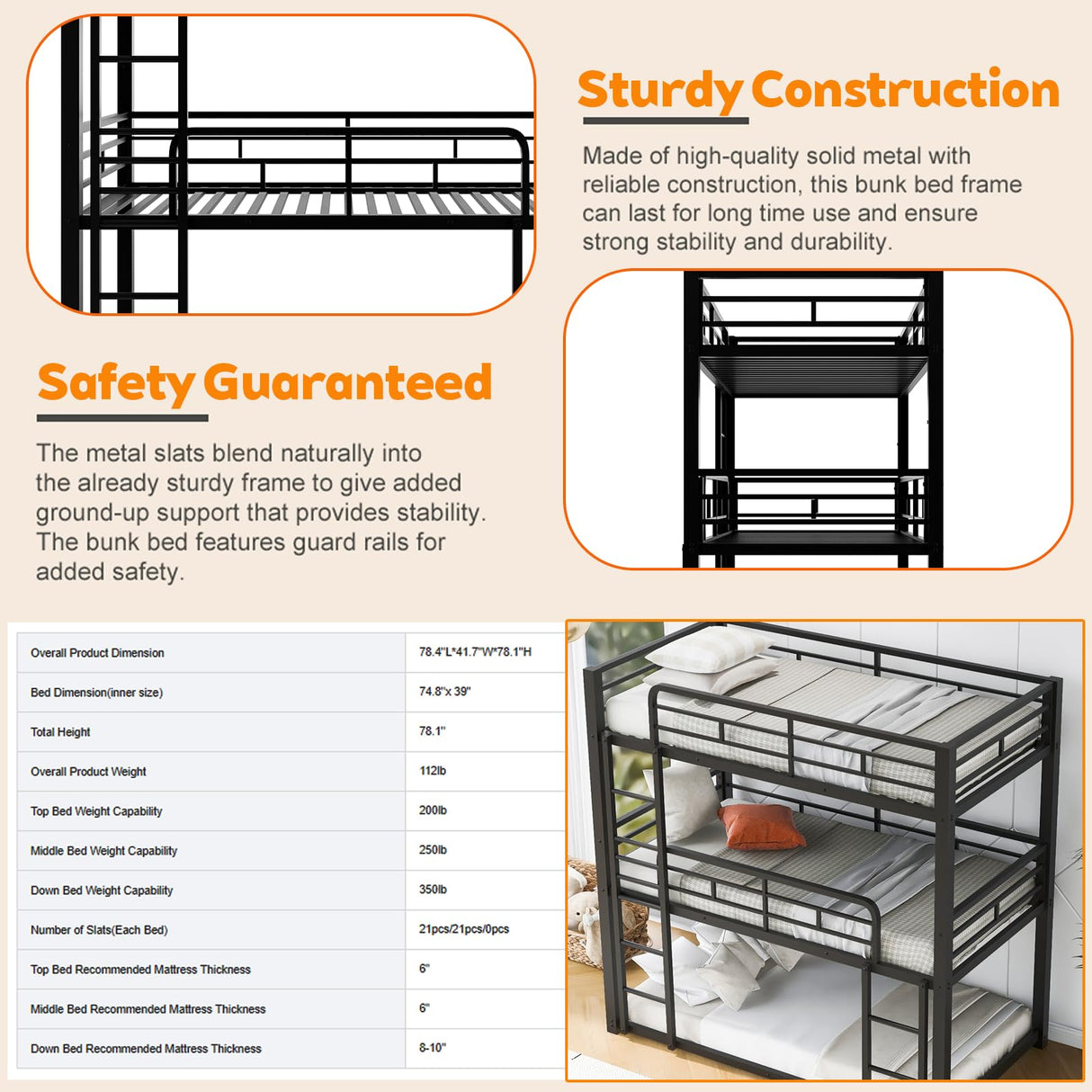 Bunk Beds, Metal Bunk Bed, Triple Bunk Bed for Kids,Teens, Adults, Girls, Boys, Detachable BunkBed Can Be Divided into 3 Twin Beds,No Box Spring Need (Black) Anwick
