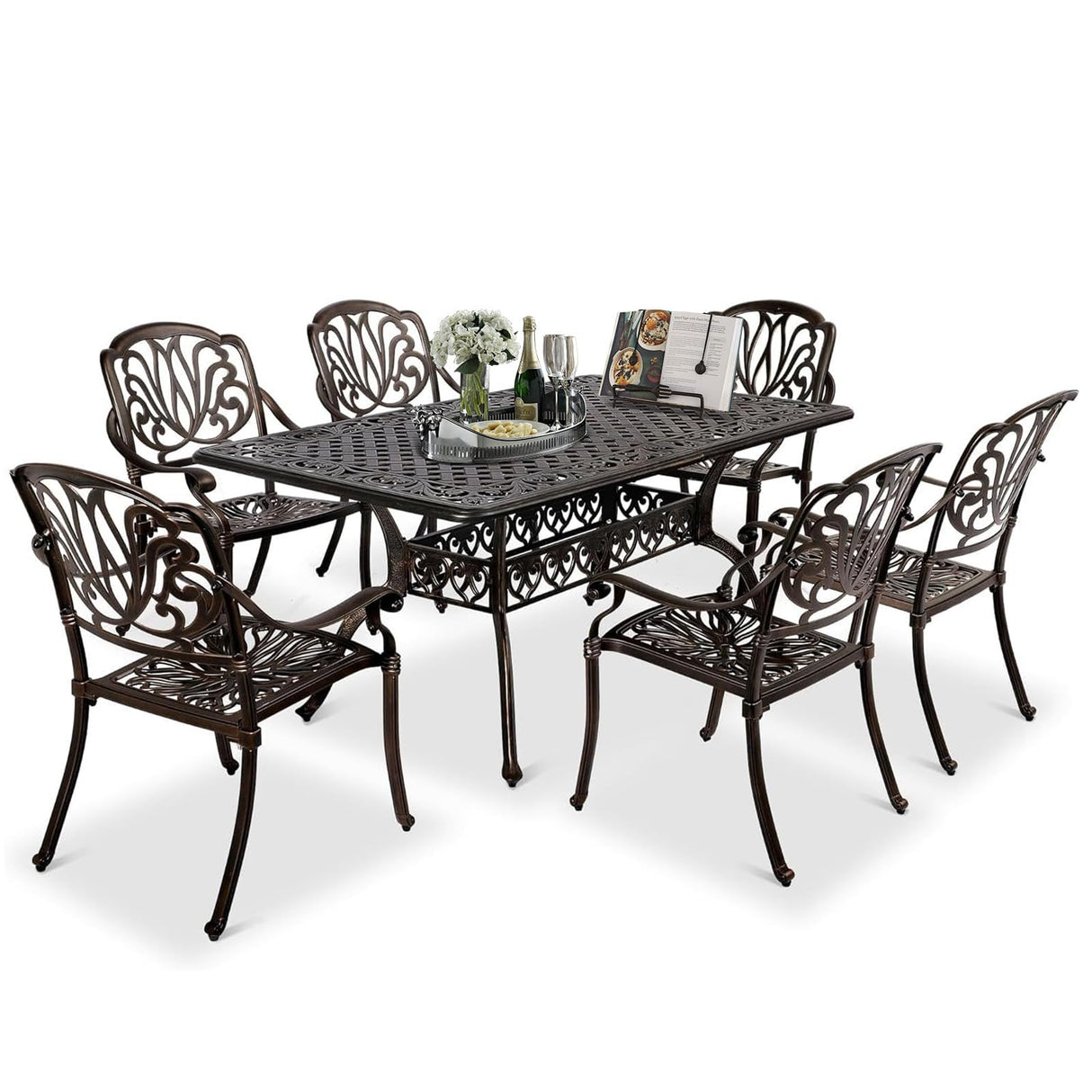 VINGLI 7-Piece Outdoor Dining Set, Cast Aluminum Patio Furniture Set for 6 with Umbrella Hole, Rectangular Outdoor Dining Table & 6 Stackable Chairs, All-Weather Garden/Poolside Dining Set Bronze VINGLI