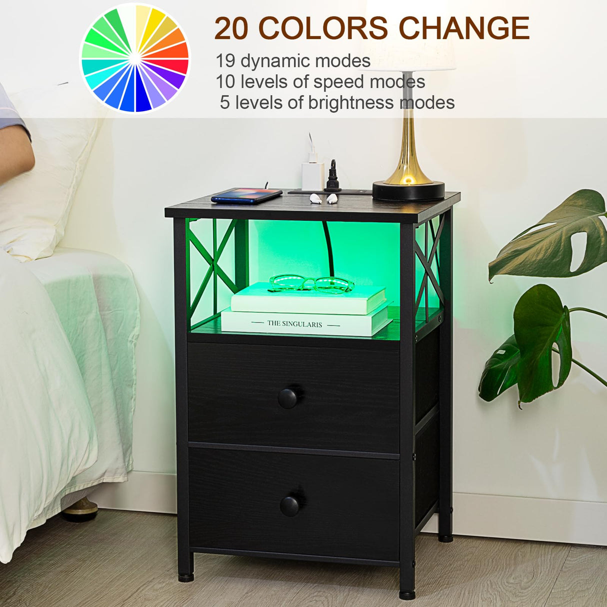 AMHANCIBLE Night Stand Set 2, LED Nightstands for Bedroom Set of 2 with Charging Station, End Table with USB Port and Outlet, Side Table with 2 Storage Drawers for Living Room, Black, HET052LBK AMHANCIBLE