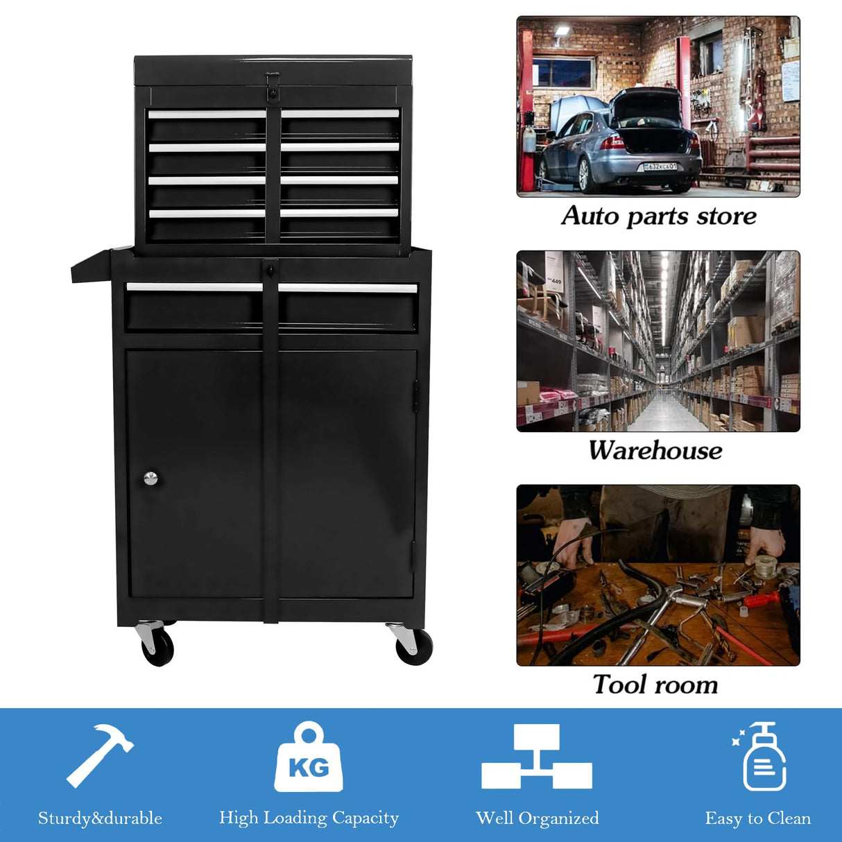 SumKea Wheels, Box, 5 Drawer Rolling Tool Chest and 2 Lockers, Detachable Storage Cabinet, for Garage Warehouse Workshop, Black SumKea